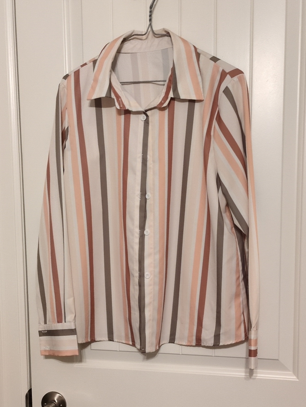 Womens Striped Button-Up Shirt in Cream, Peach & Brown